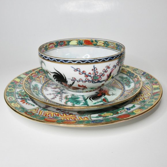 Antique Porcelain Tea Trio Rooster Pattern - Picture 4 of 9